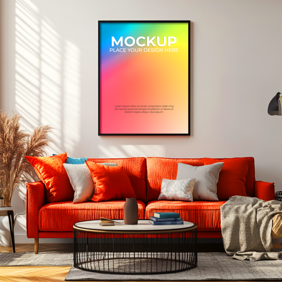 Black floating frame mockup for bold interior compositions psd