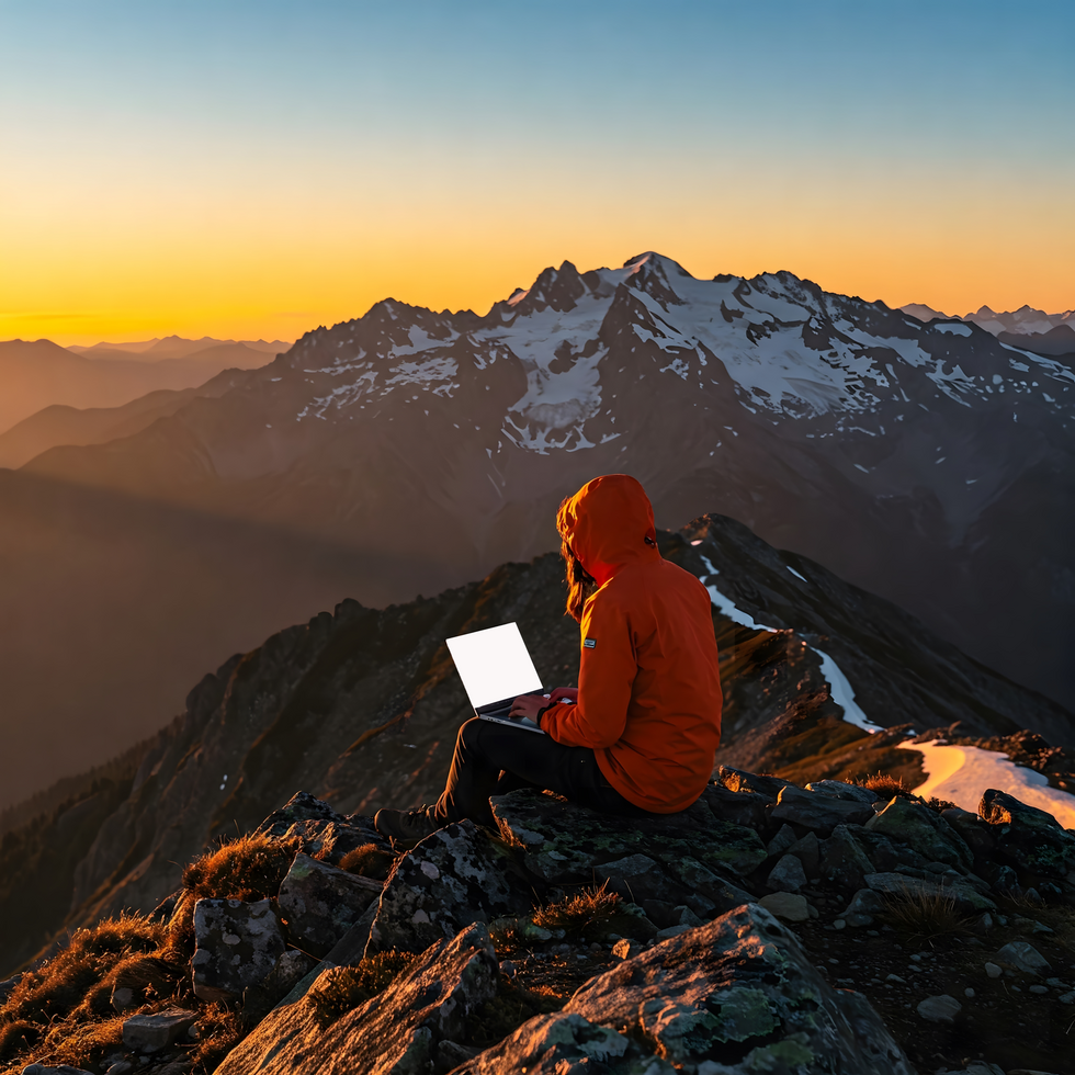 a person sitting on a mountain top with a laptop during sunset psd