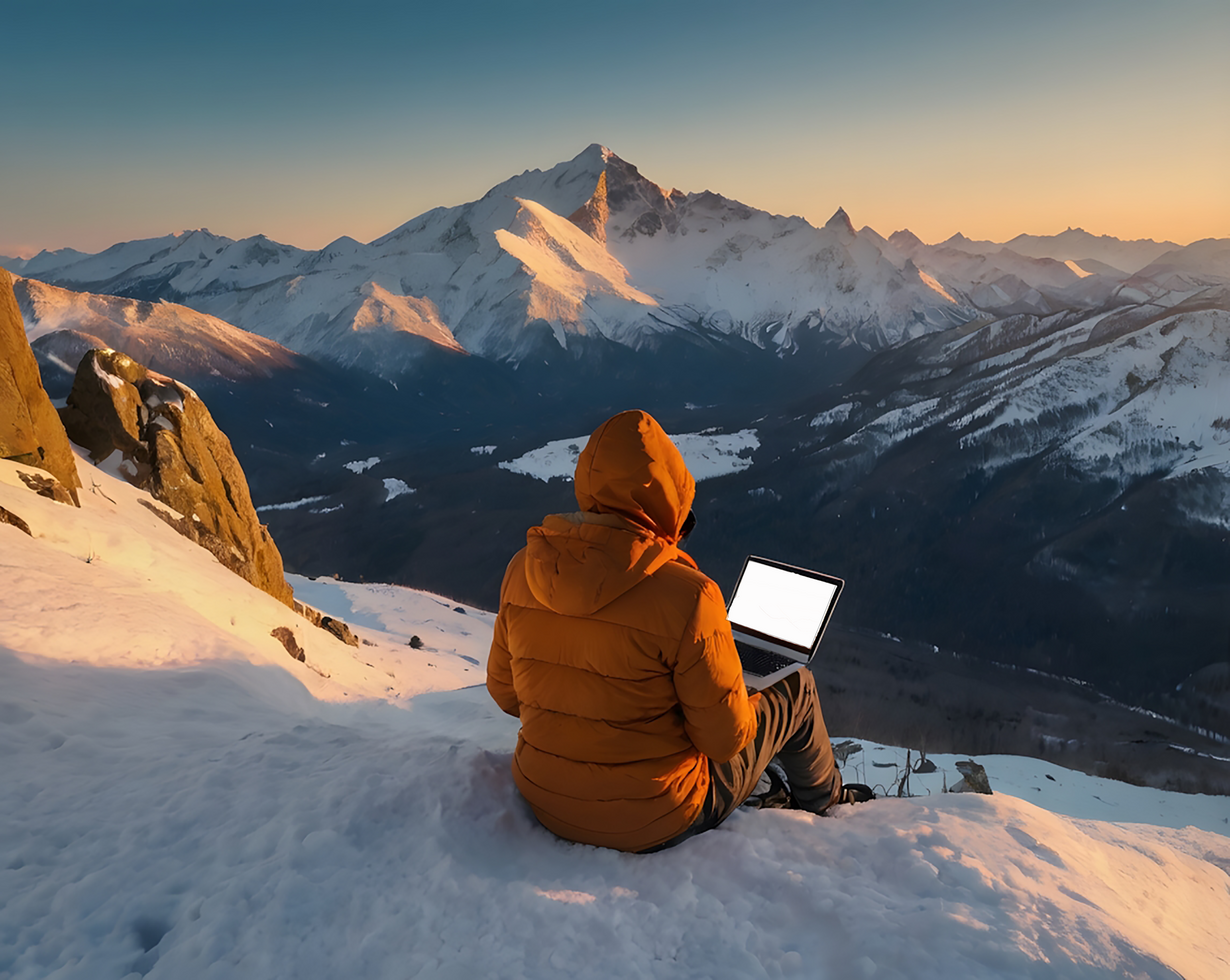 remote work on a mountain top with a laptop psd