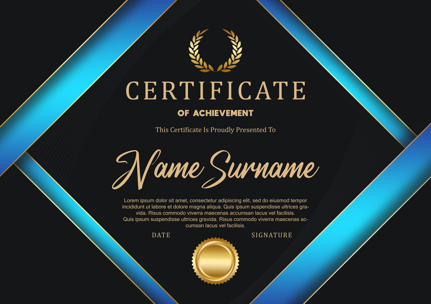 Modern Blue and Gold Geometric Certificate of Achievement Template psd