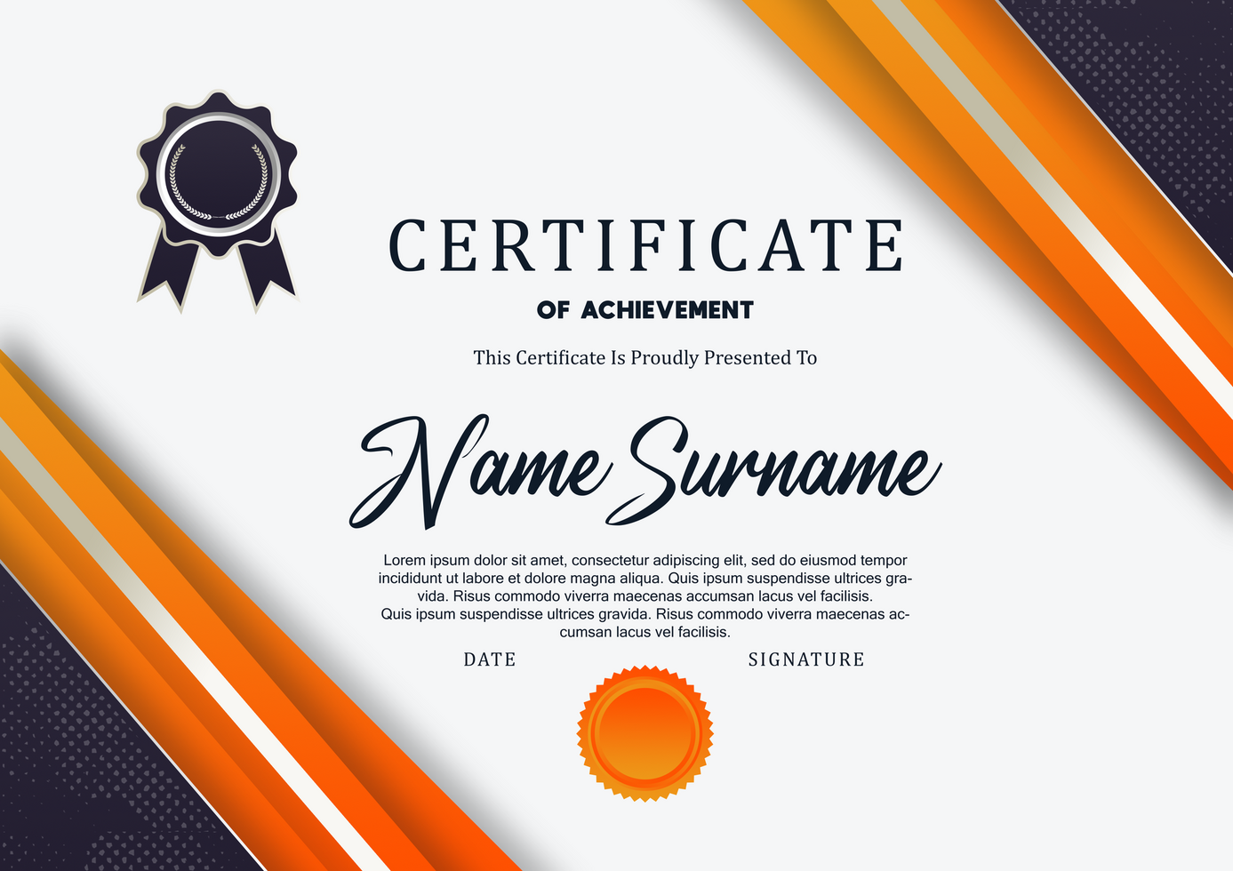 Elegant Orange and Black Certificate of Achievement Template psd