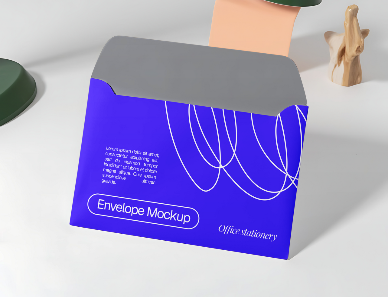 A vibrant blue envelope mockup features a minimalist design and text detailing its use as office stationery psd