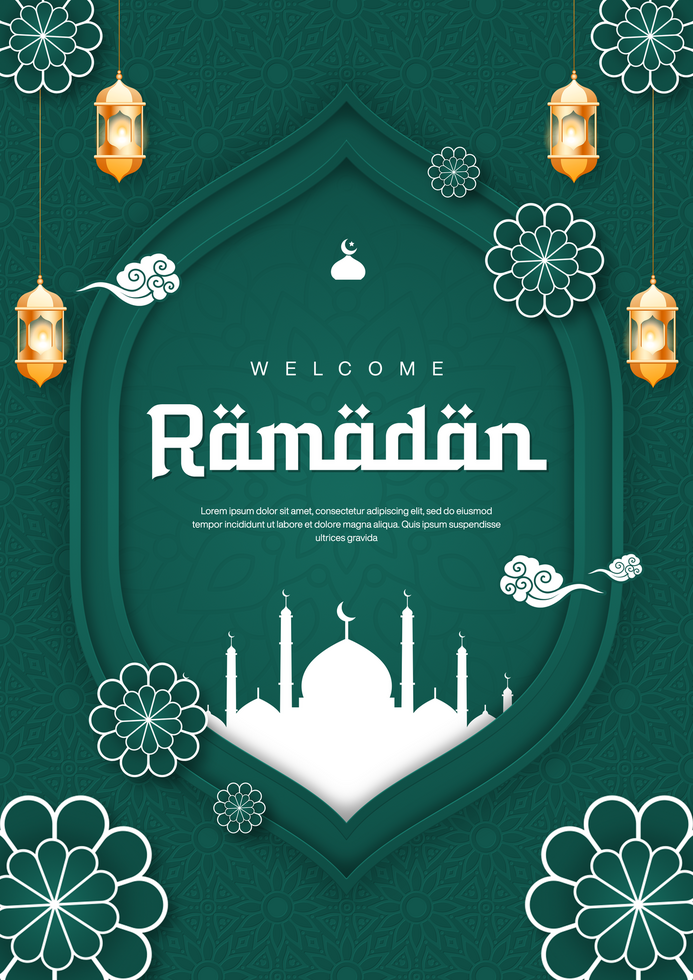 Welcome Ramadan Poster Banner Template Design With Islamic Pattern Background in Green Theme psd