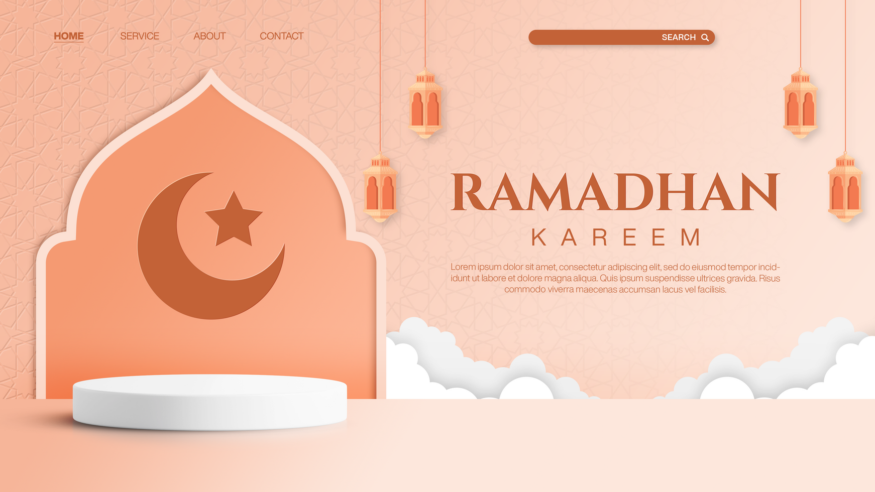 Ramadhan Kareem Banner Template For Landing Page Design With Cloud Decoration and Islamic Pattern psd