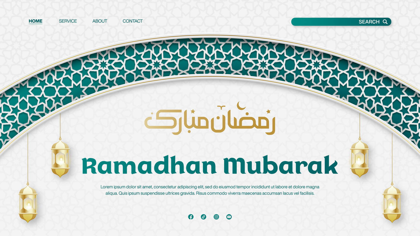 Ramadhan Mubarak Template For Landing Page Banner Design With Arabic Text and Islamic Lantern psd