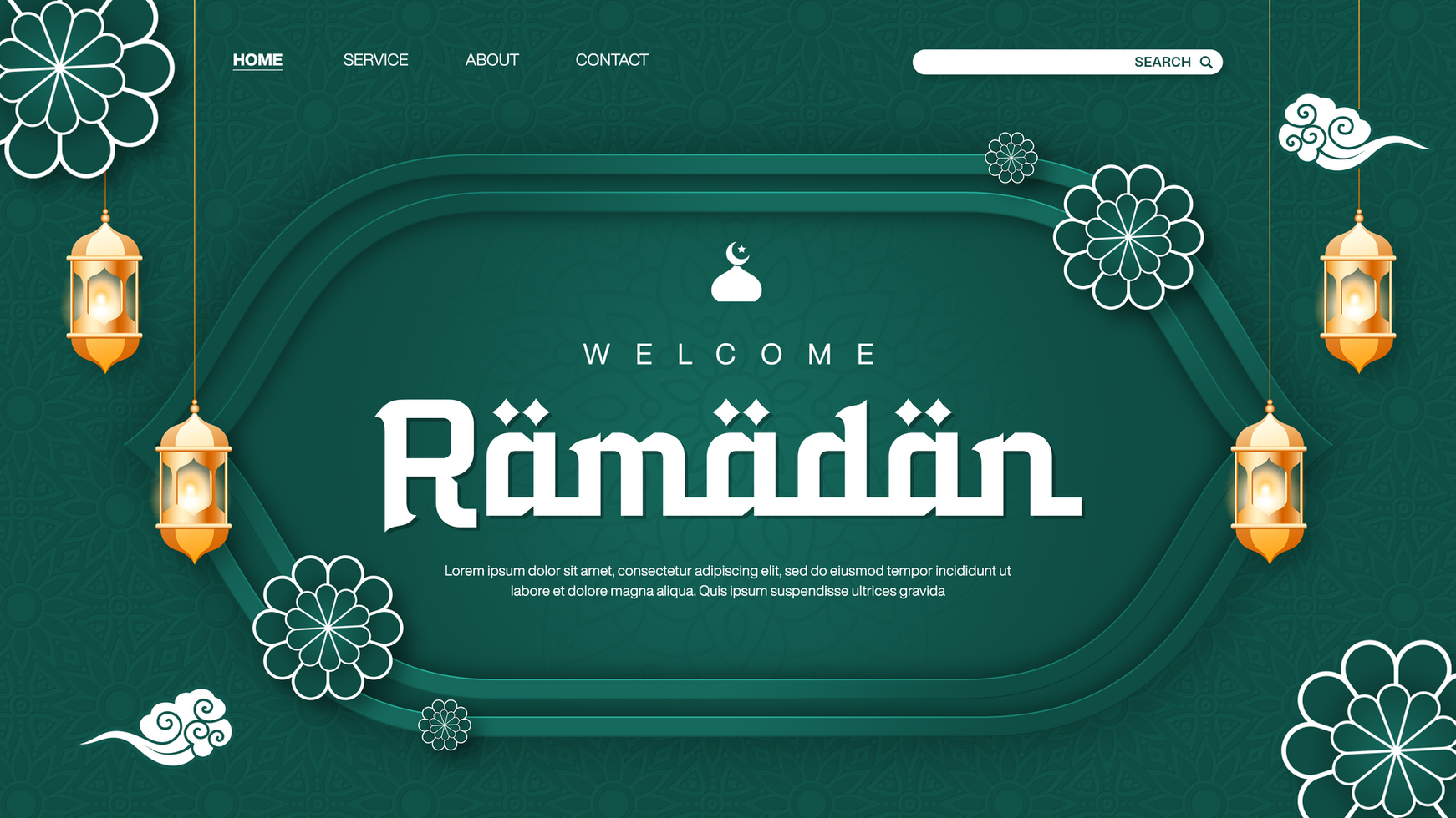Welcome Ramadan Landing Page Banner Template Design With Islamic Pattern Background in Green Theme psd