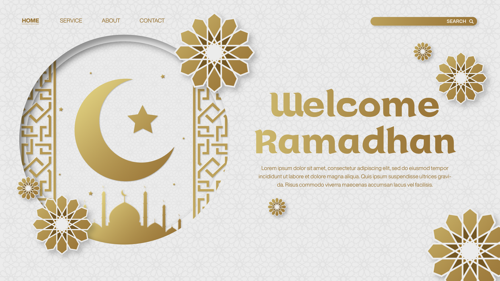 Flat Banner Welcome Ramadhan Template For Landing Page In White And Gold Theme psd