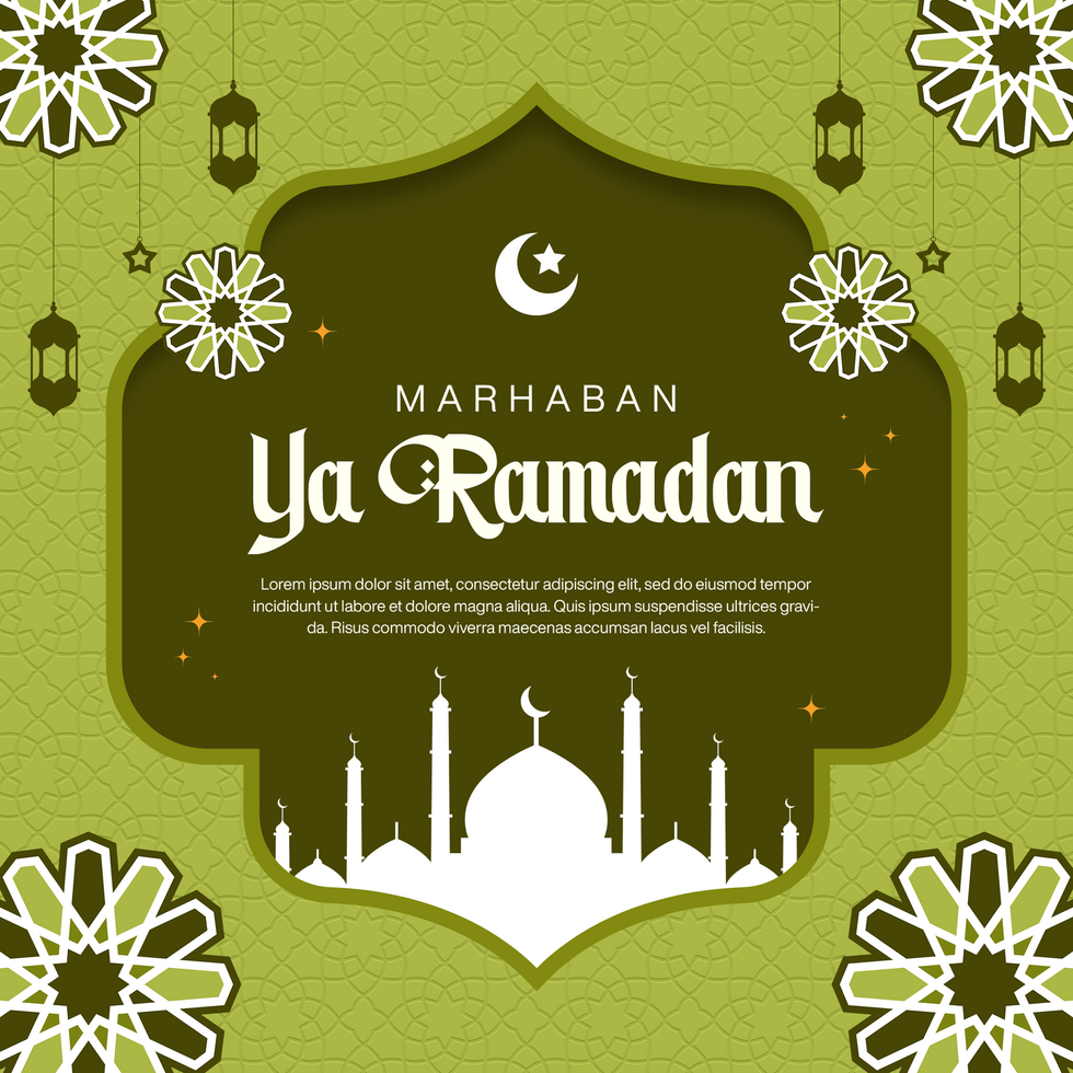 Marhaban Ya Ramadan Social Media Post Template for Festive Islamic Celebration with Green Theme psd