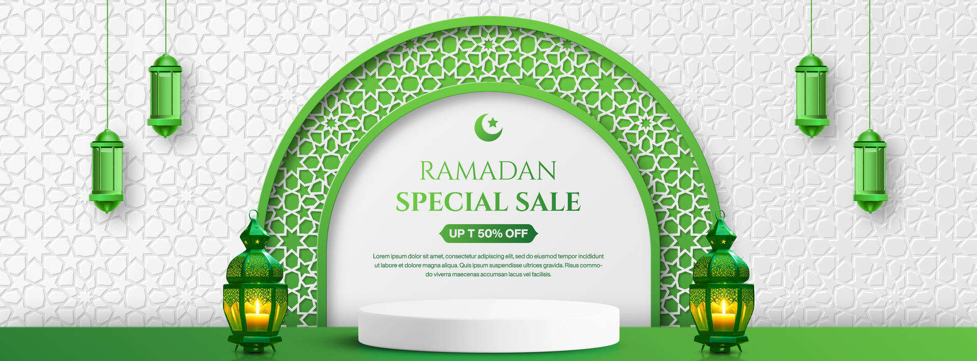 Realistic Islamic Background With Product Display For Social Media Cover Green and White Theme psd