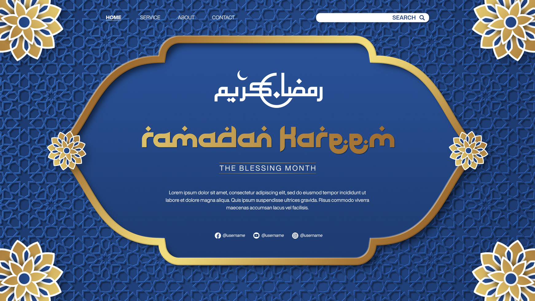 Ramadan Kareem Banner Template Design for Landing Page with Islamic Pattern in Blue psd