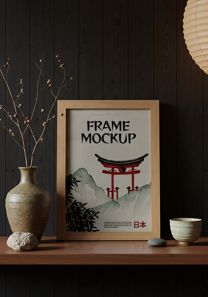 Frame decoration Japanese Mockup on table psd