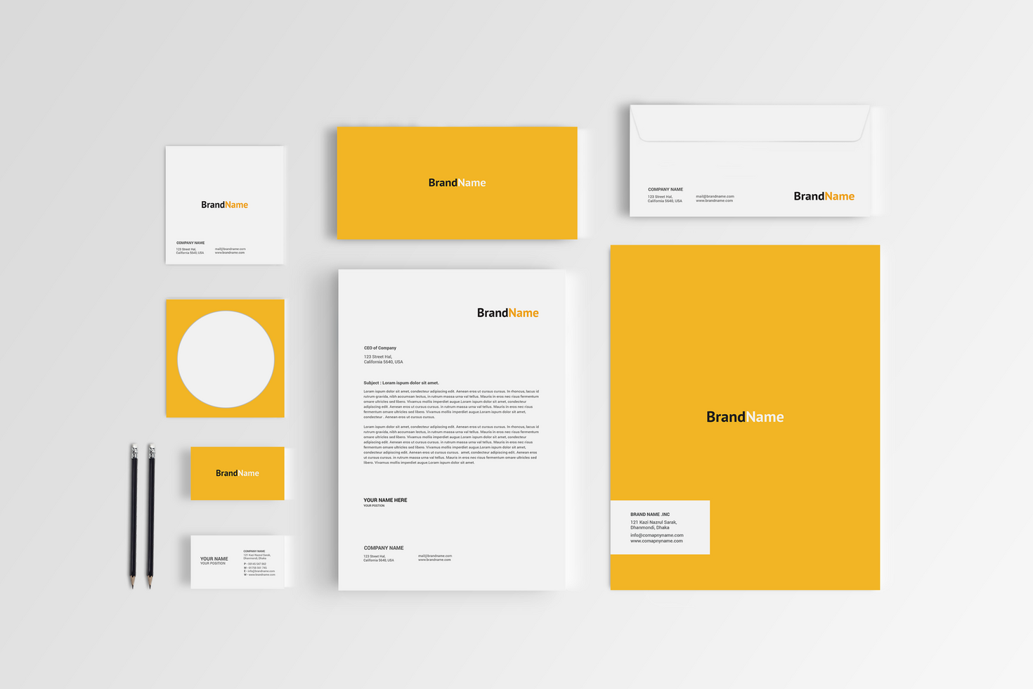 Yellow Stationary Mockup Front View Design psd