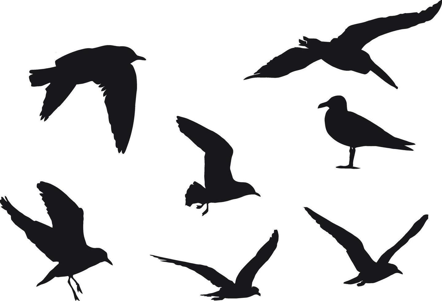Seven seagulls flying and standing, black silhouettes on white background vector