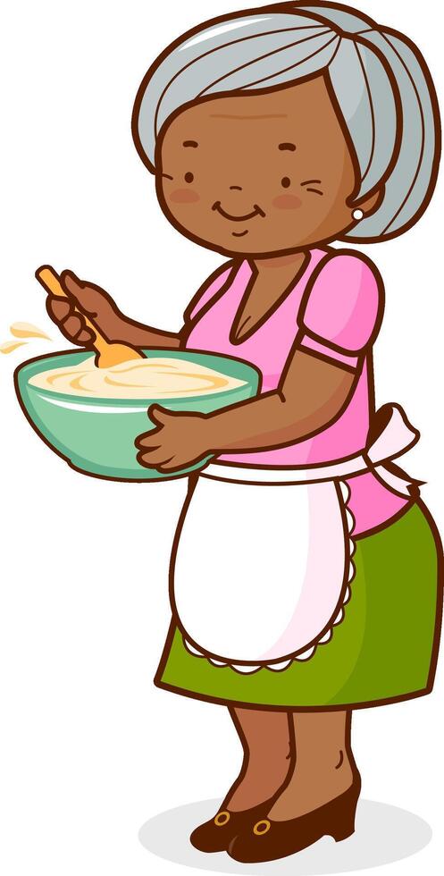 Grandma making homemade food in the kitchen. An old black woman, holding a bowl, mixing and cooking. vector