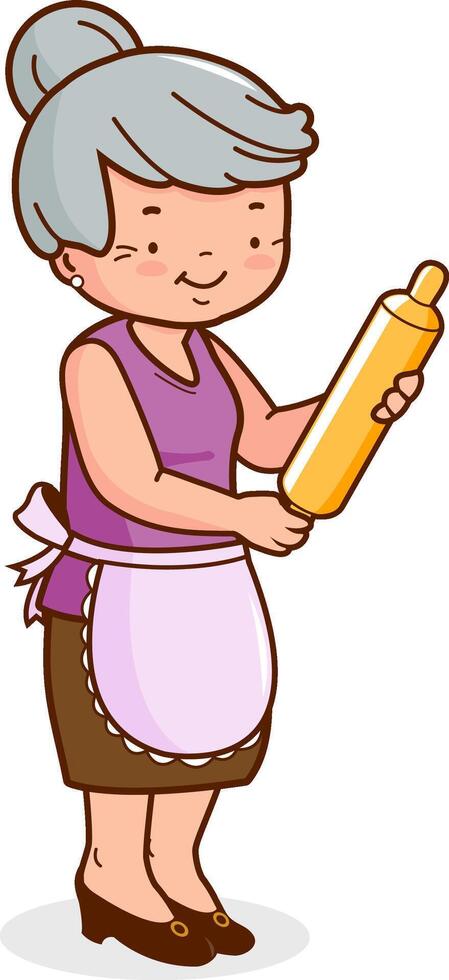 Grandma cooking, holding a rolling pin. Old woman with bowl mixing and making homemade food in the kitchen. vector