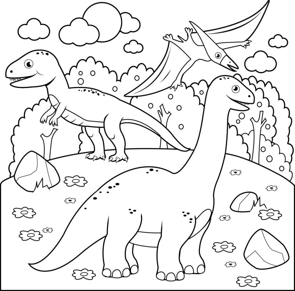 Nature scene, prehistoric landscape with dinosaurs. Stone age animals, a pterodactyl, a brontosaurus, an apatosaurus and a tyrannosaurus. Black and white illustration vector