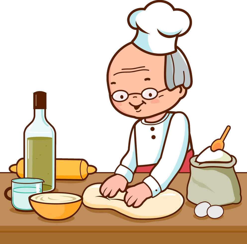 Baker making bread in the bakery kitchen. Professional chef cooking, kneading pastry or dough in the kitchen, working in the bakery. vector