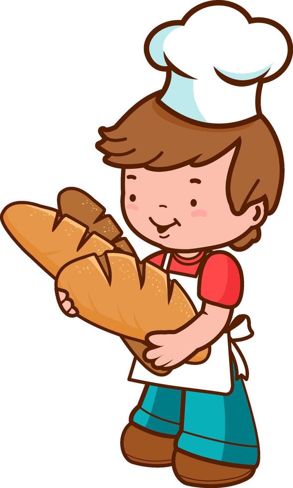 Bakery shop child at the grocery store with fresh baked baguette bun breads. Baker boy at food market holding freshly baked loafs of bread. vector