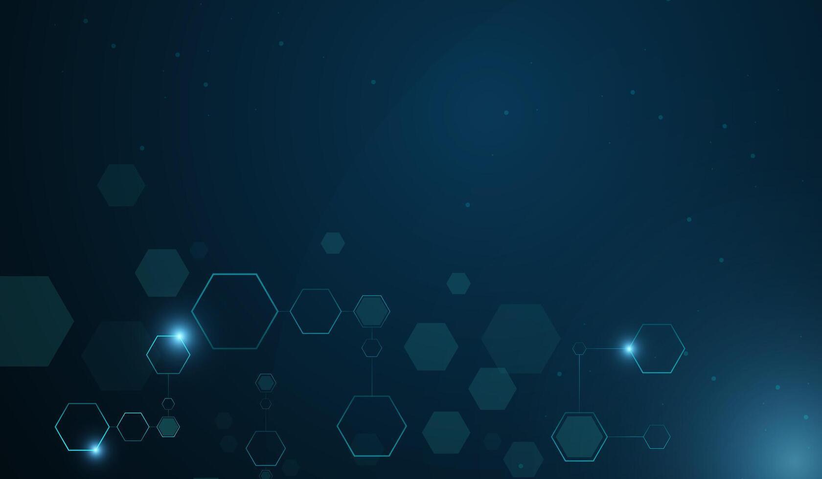 A series of interconnected hexagons with a neon blue glow create a modern, high-tech aesthetic, representing data networks, AI, and innovation.. illustration. vector