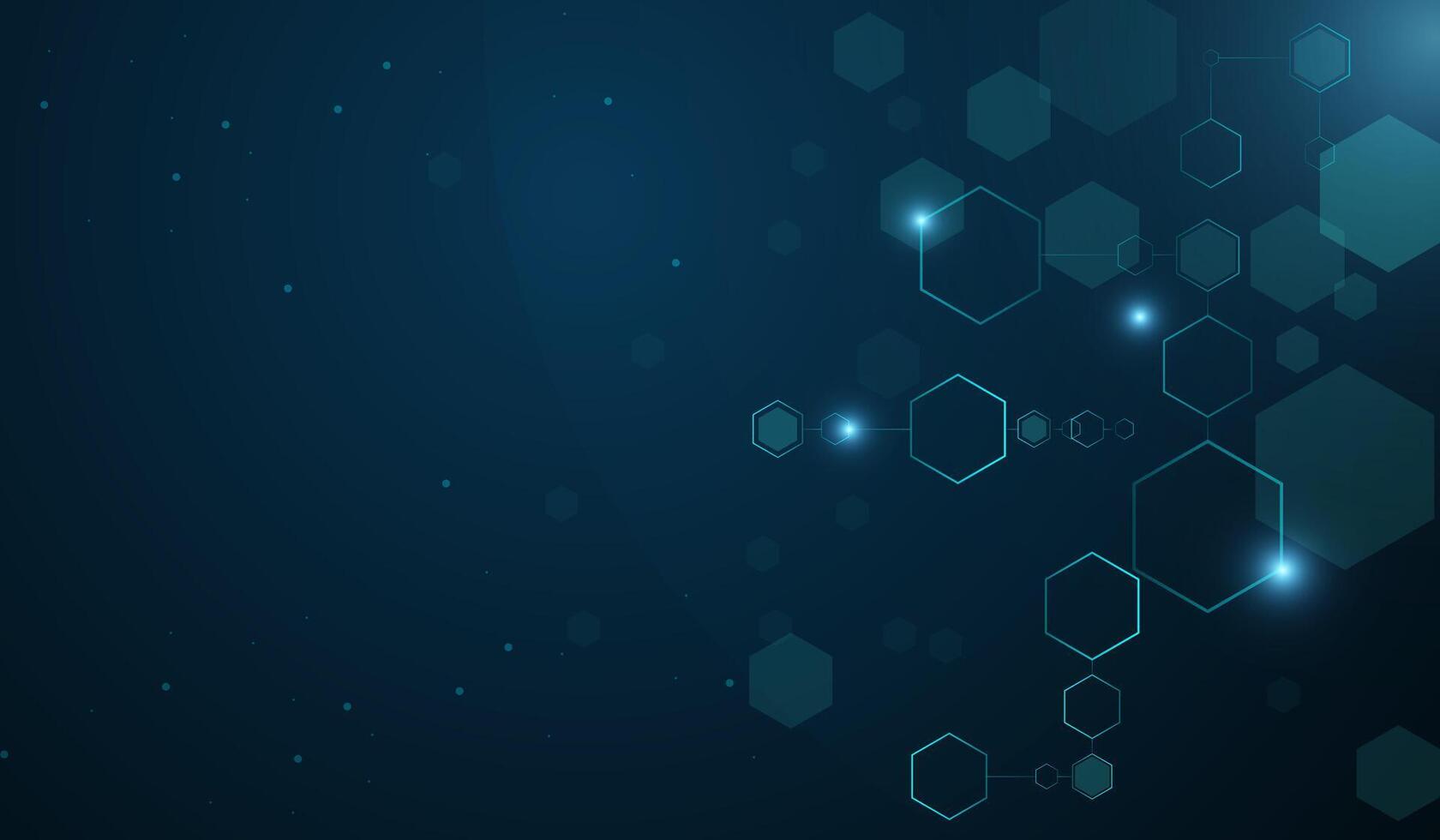 A glowing hexagonal network structure against a dark blue background, symbolizing digital connectivity, blockchain, and futuristic technology. illustration vector