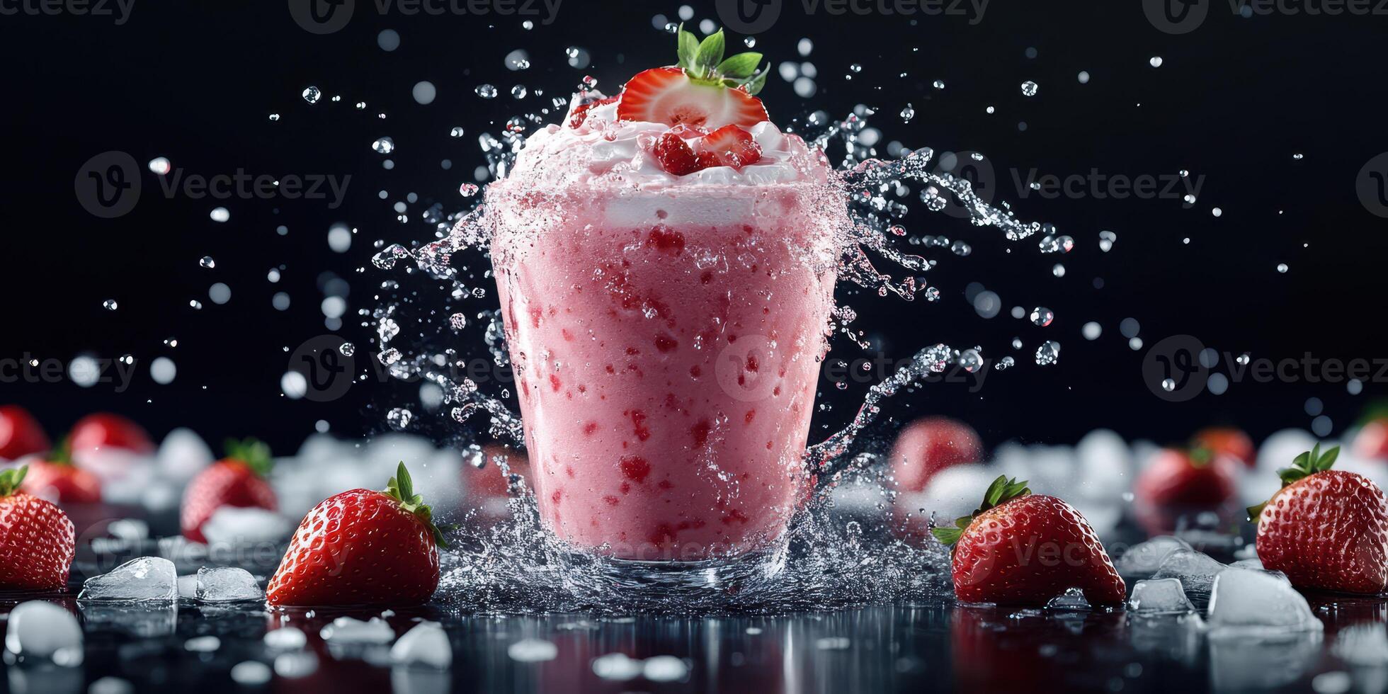 Refreshing strawberry shake splashes with ice and fresh berries on a dark background photo