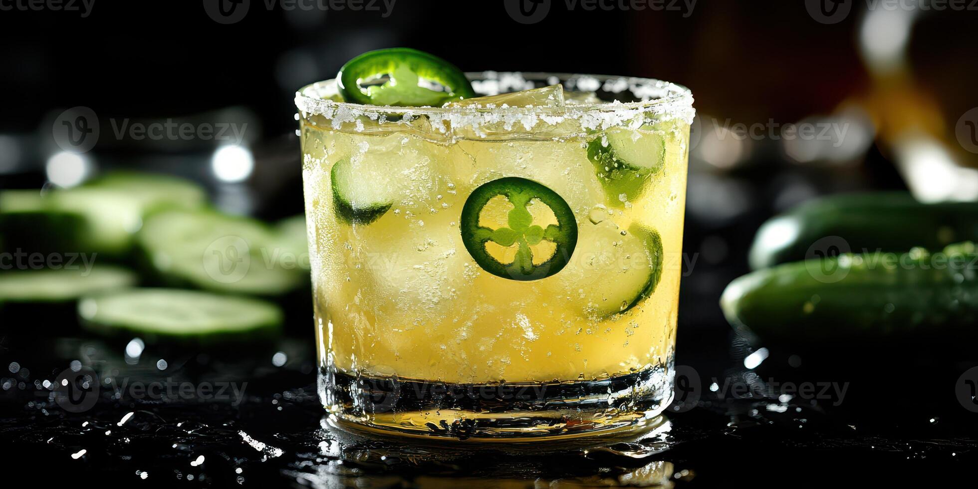 Refreshing cocktail with jalapeno and cucumber garnished with salt on the rim served on a dark surface photo