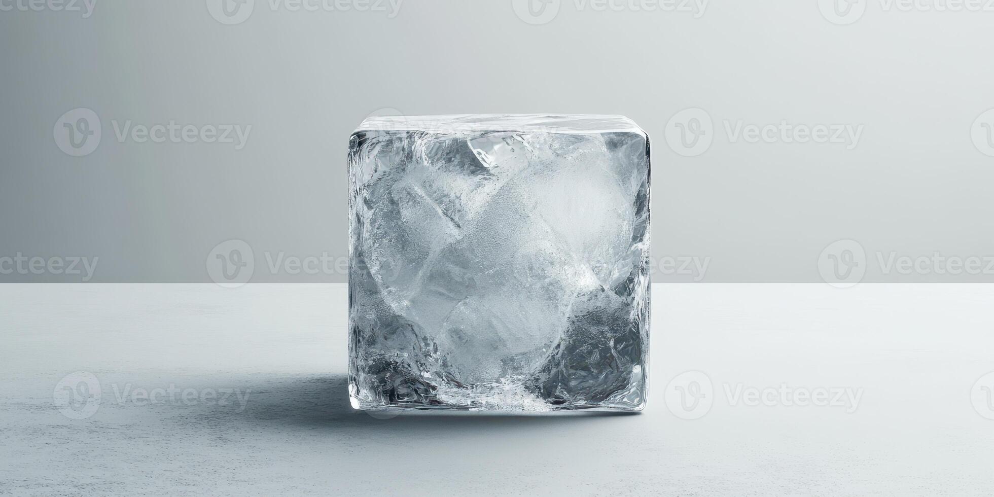 Clear ice cube resting on a plain surface with soft natural lighting photo