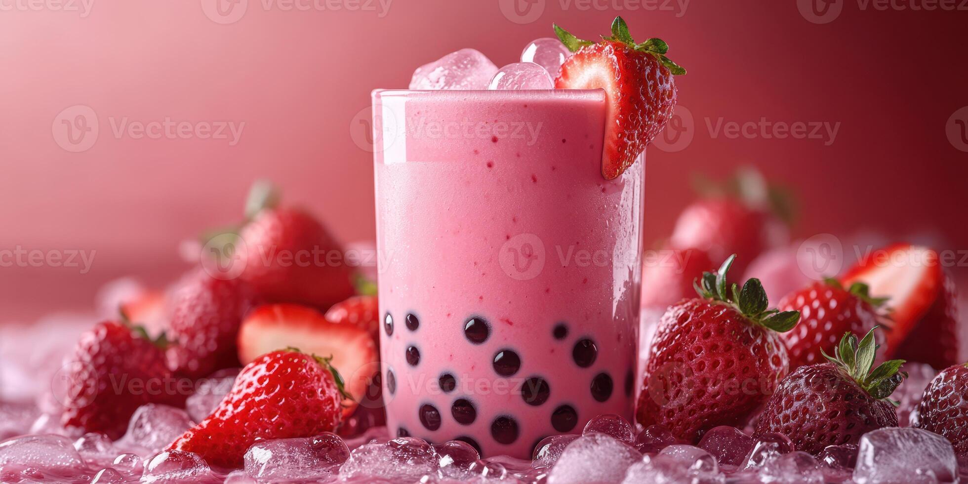Refreshing strawberry bubble tea served over ice against a vibrant background photo
