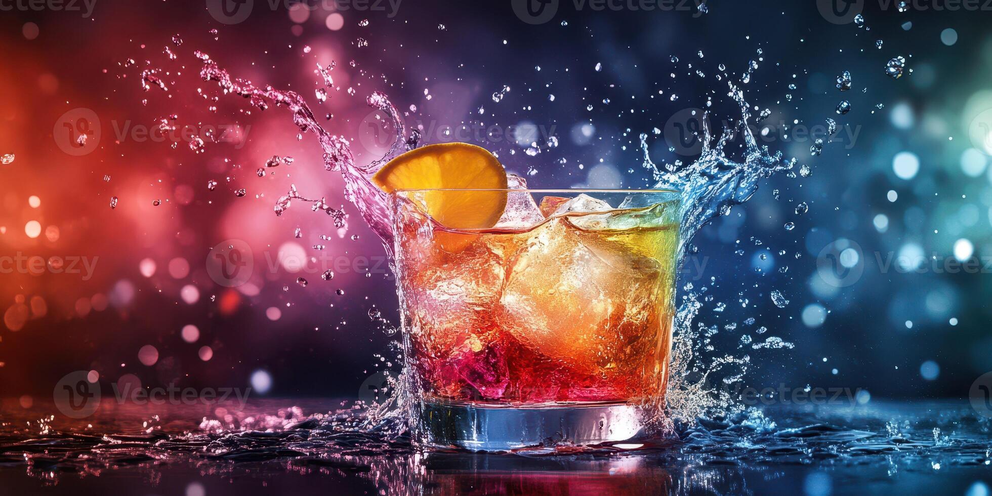 Sparkling cocktail with splash and orange slice against colorful background photo