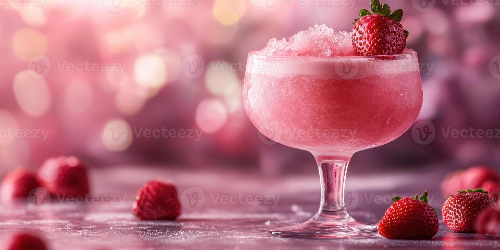 Refreshing strawberry slush served in a clear glass with mint garnish on a vibrant pink background photo
