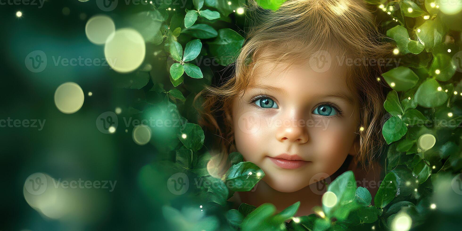 Child with sparkling green eyes surrounded by lush greenery during a bright day in nature photo