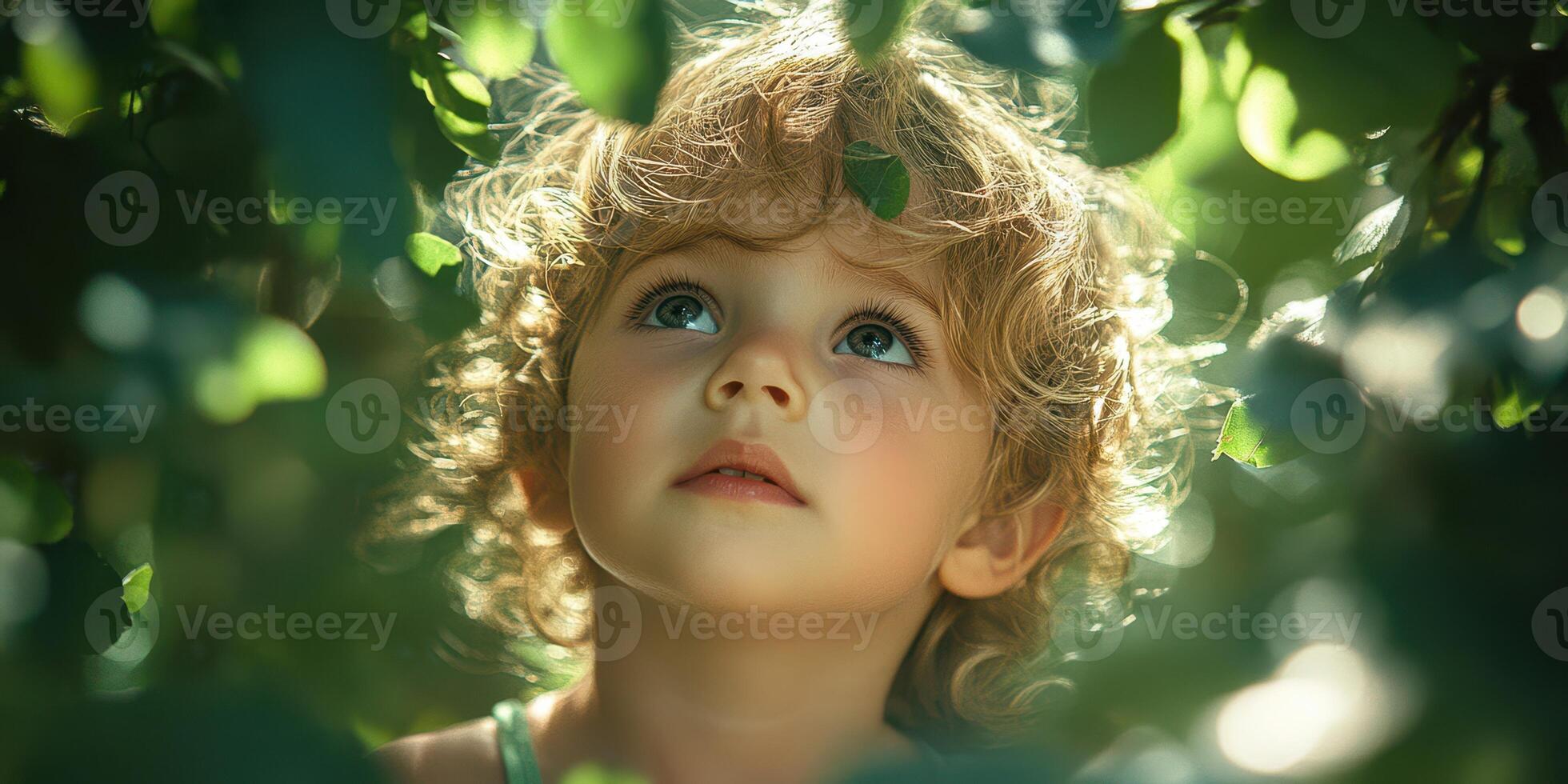 Child observing nature in a lush green environment during a sunny day photo