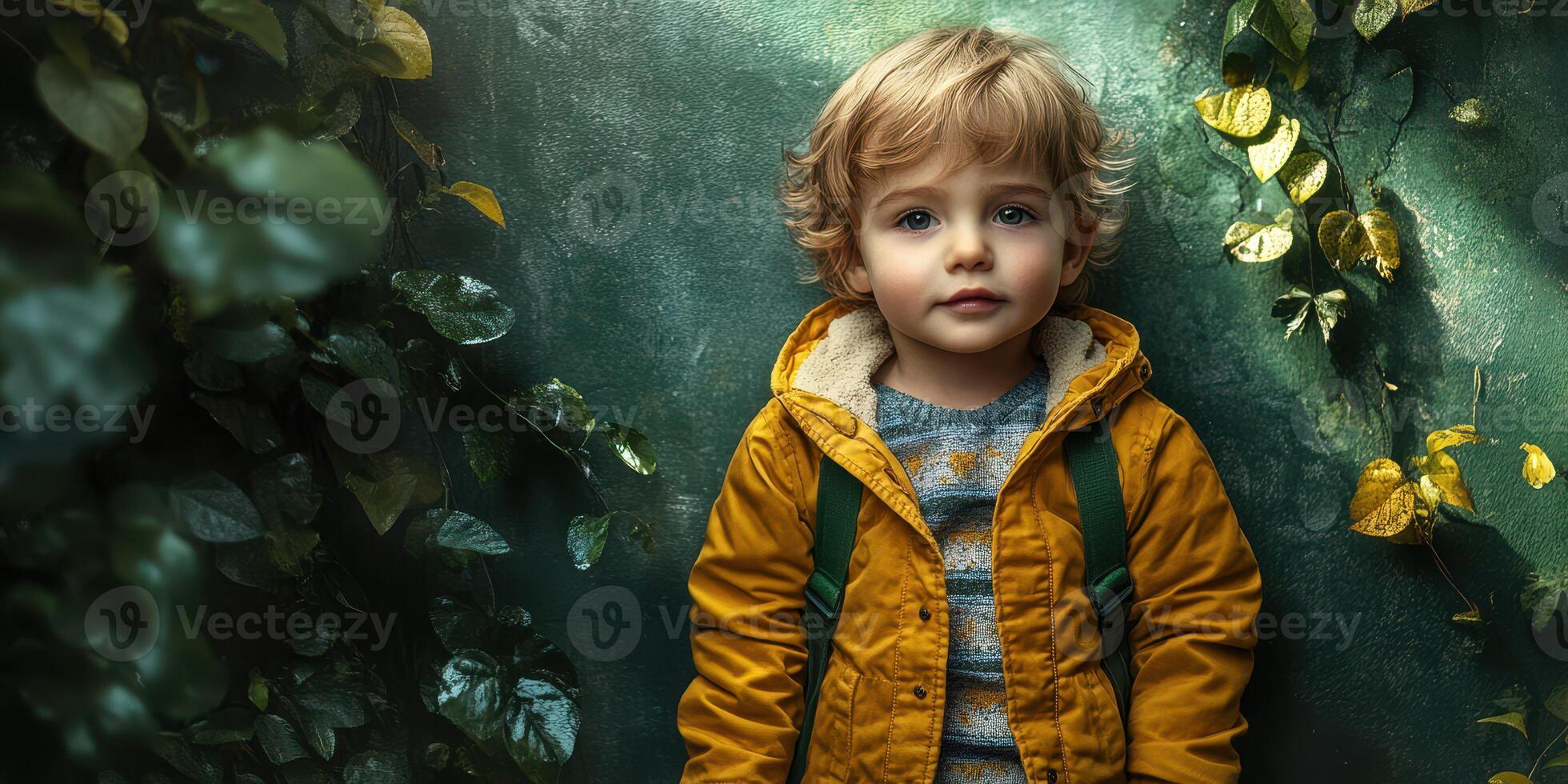 Young child stands against a vibrant green backdrop, wearing a bright yellow jacket and surrounded by lush foliage photo