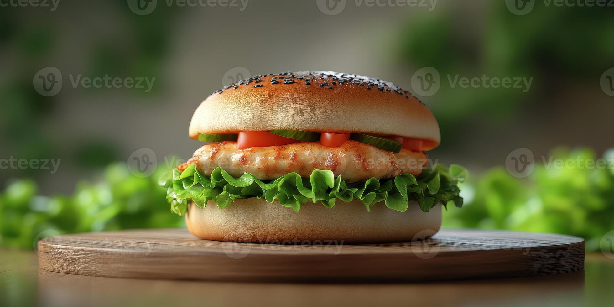 Delicious chicken burger with fresh lettuce and sauce served on a wooden board in a natural setting photo