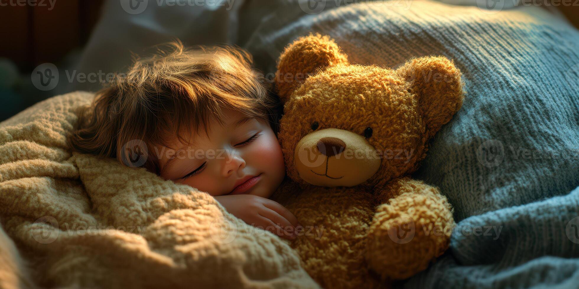 Sweet moment of a child resting peacefully with a teddy bear in a cozy bed during early morning light photo
