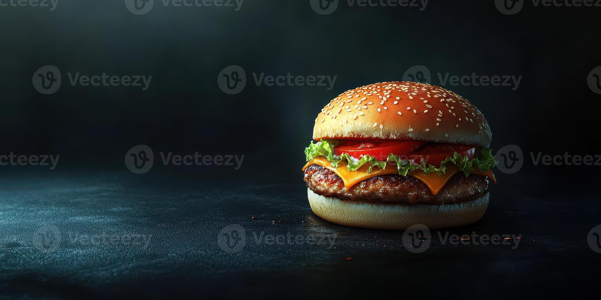 Juicy cheeseburger with lettuce and tomato on a dark background perfect for food photography photo