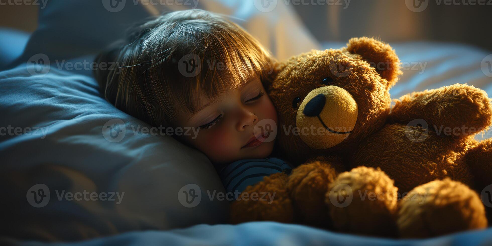 Child peacefully sleeping with teddy bear in cozy bedroom at night under soft warm light photo