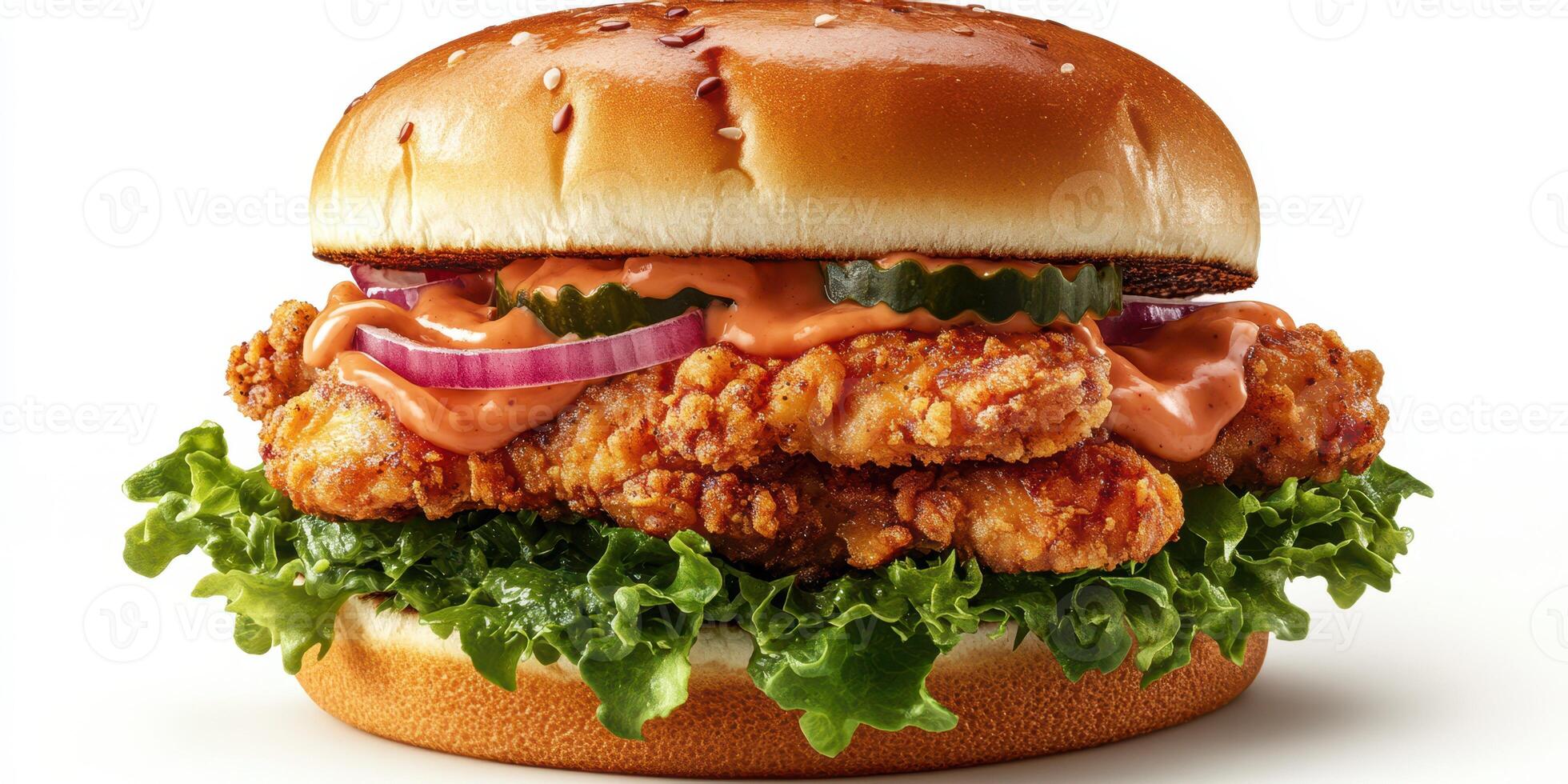 Crispy chicken sandwich served with fresh lettuce, pickles, and spicy sauce on a sesame seed bun photo