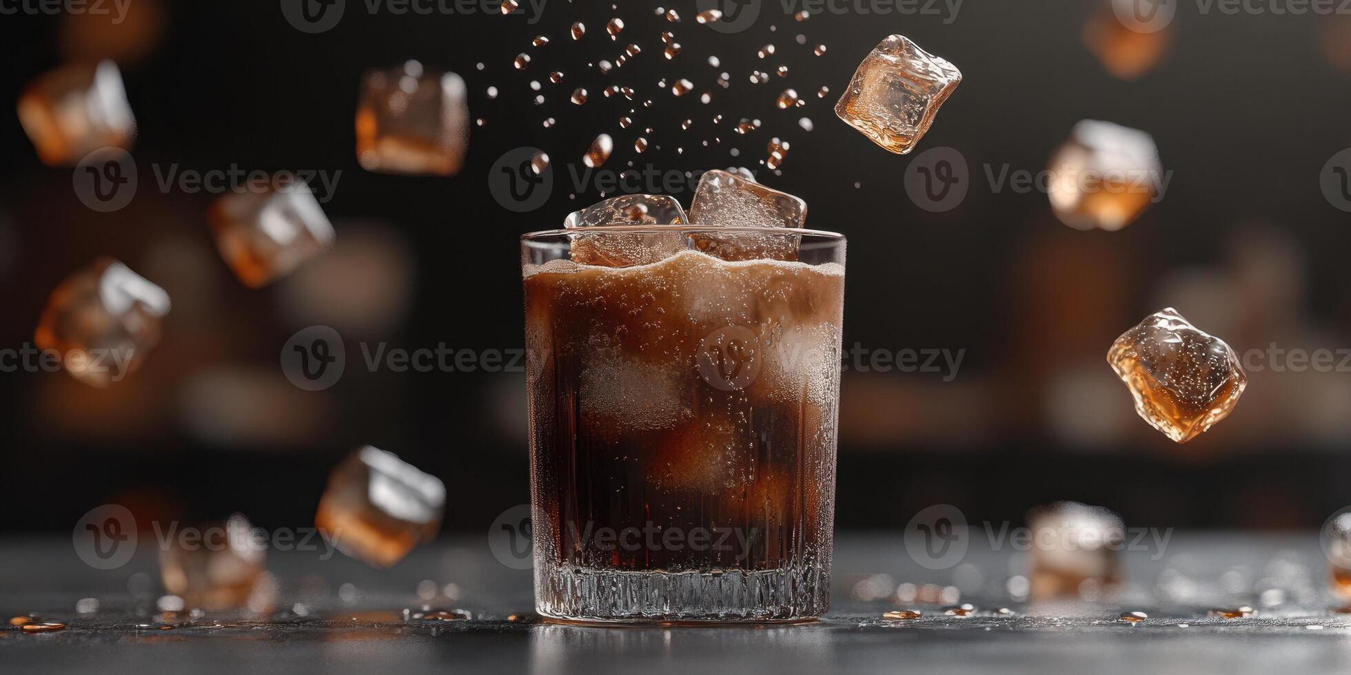 Refreshing drink with ice cubes splashing in a glass on a dark background during a summer gathering photo