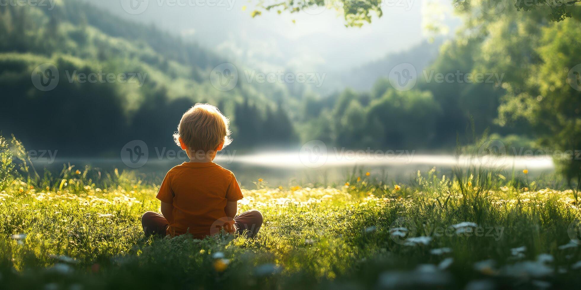 Child sits quietly by a serene lake surrounded by lush greenery during a sunny afternoon photo