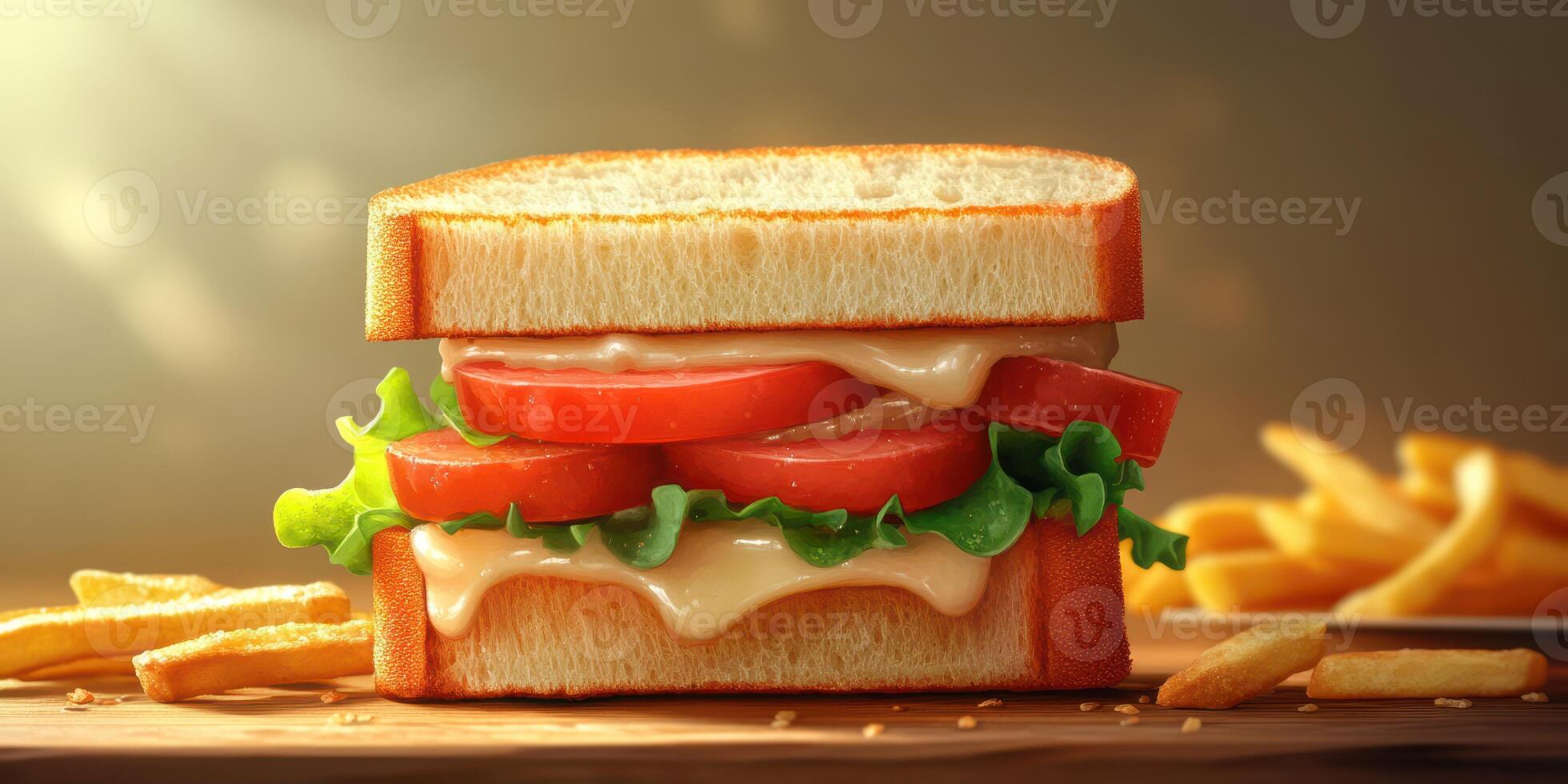 Delicious sandwich with fresh lettuce and tomatoes served with crispy fries in a warm setting photo