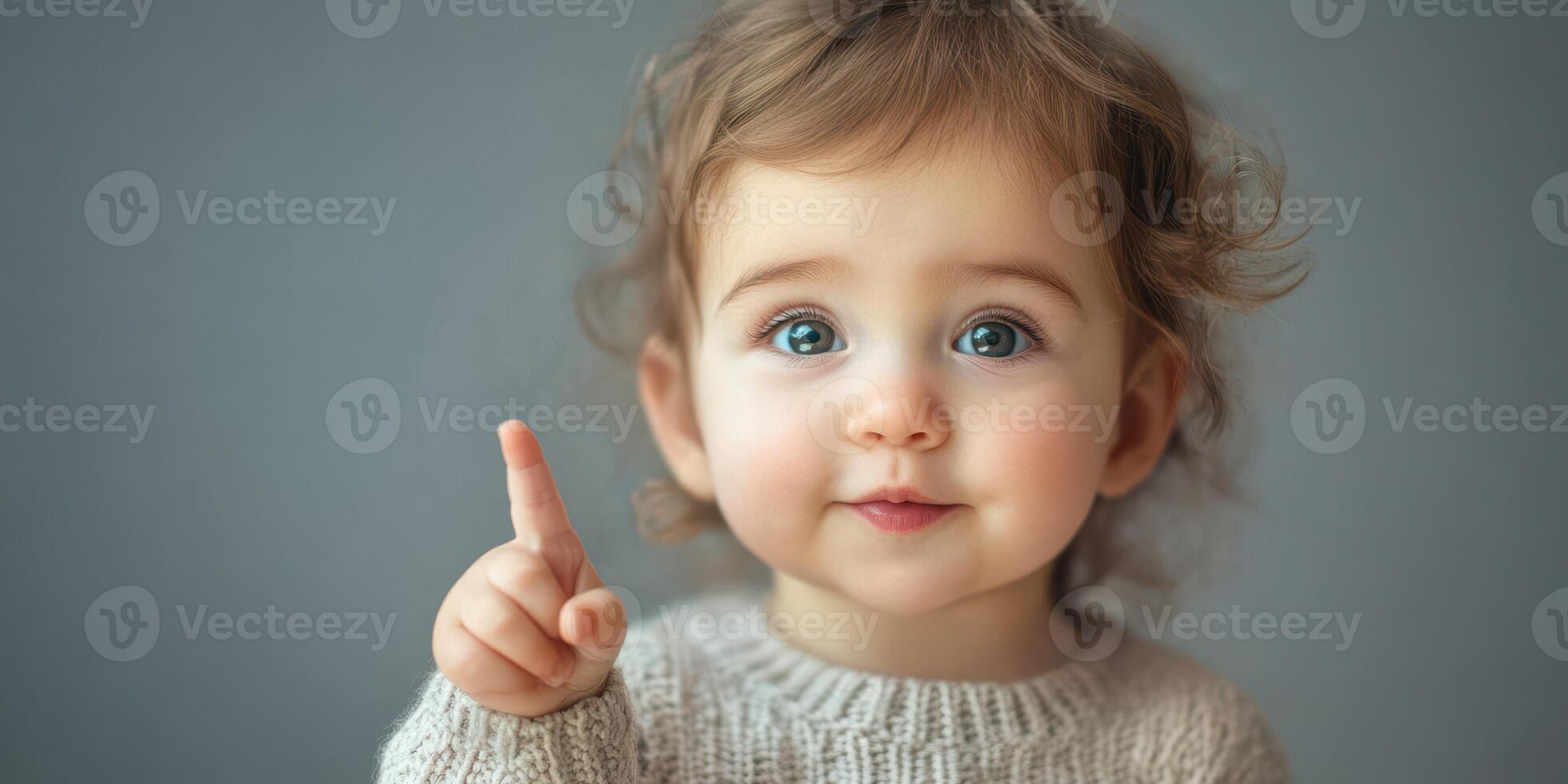 Baby with curly hair joyfully pointing one finger while looking at the camera indoors photo
