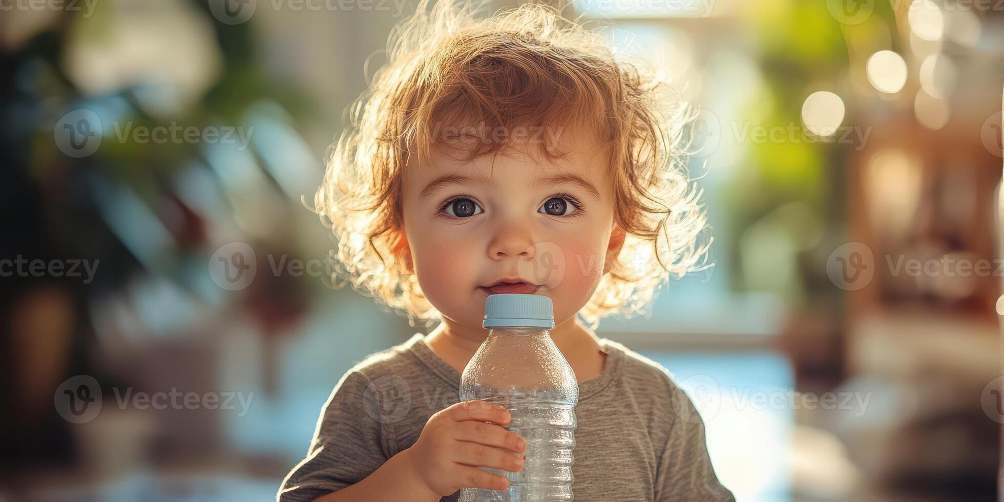 Toddler with curly hair holding a water bottle in bright indoor setting while looking curiously at the camera photo