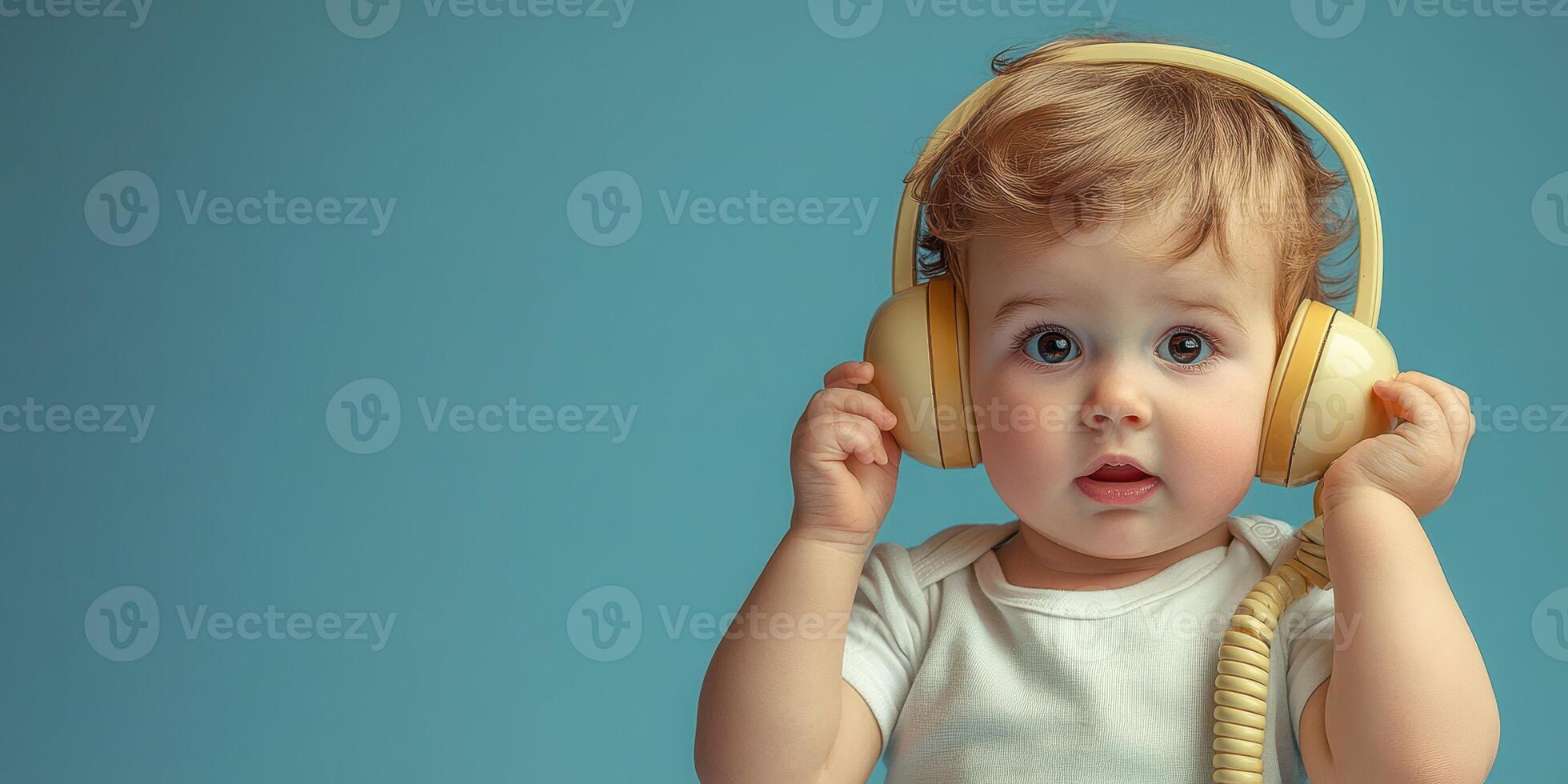 Baby enjoys music while wearing oversized headphones in a playful indoor setting photo