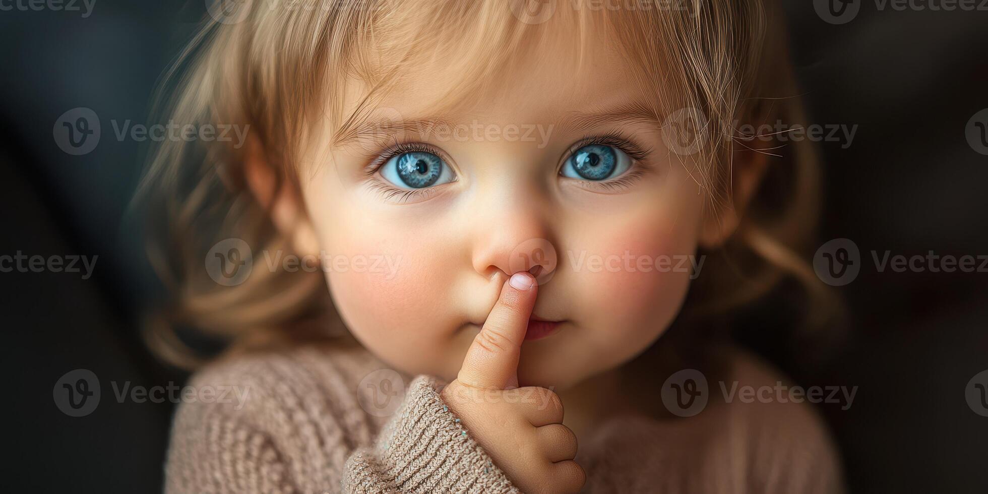 Young child with expressive blue eyes making a shushing gesture in cozy indoor setting photo