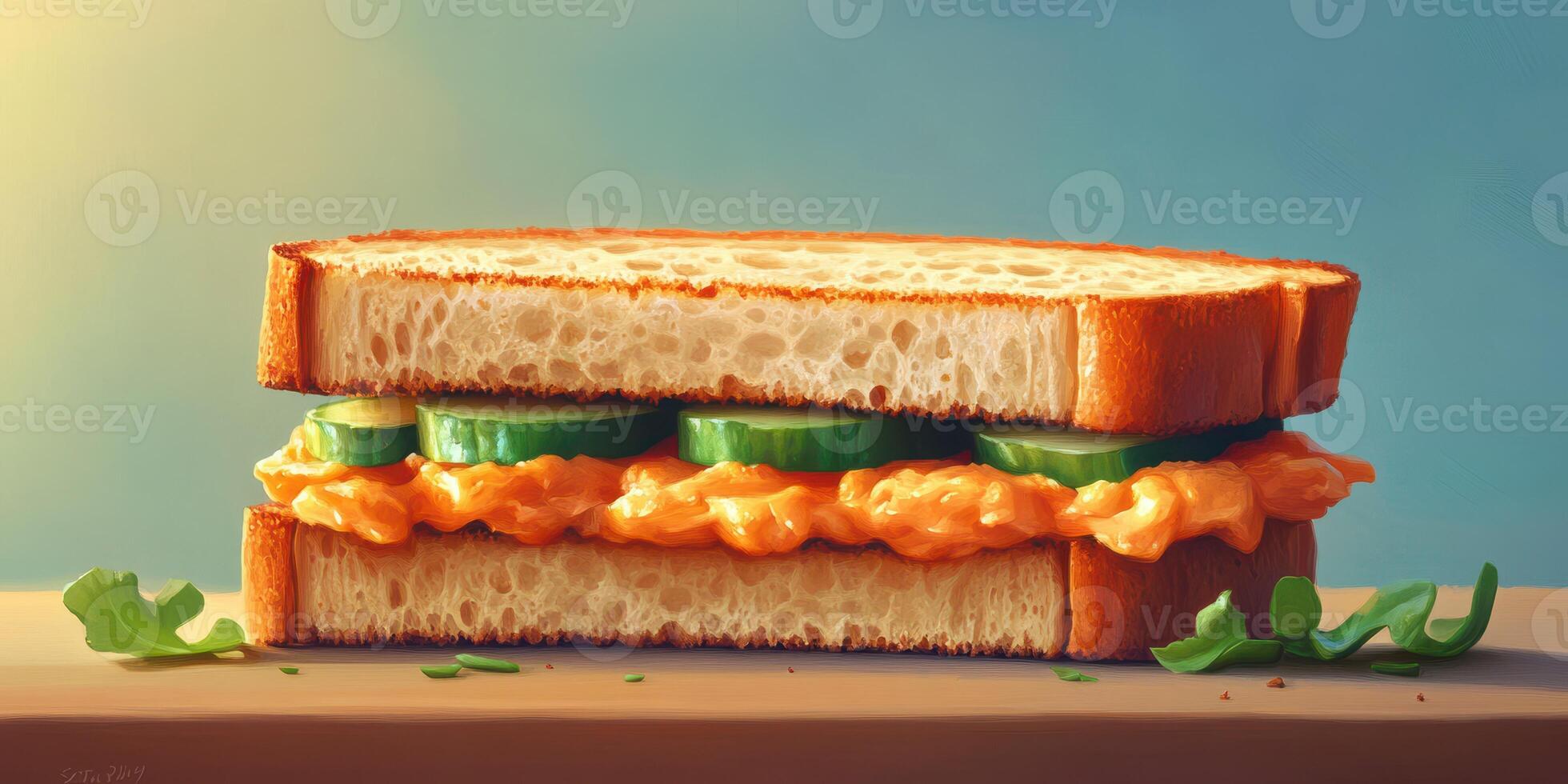 Freshly prepared sandwich with creamy filling and cucumber slices on a wooden surface in bright light photo
