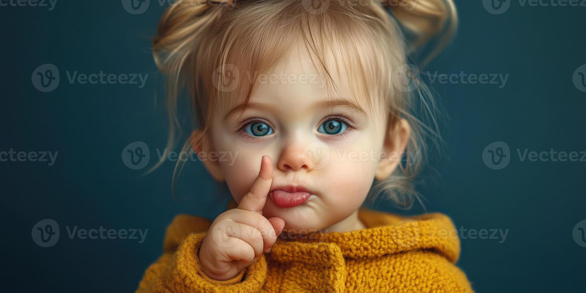Cute toddler with blue eyes making a shushing gesture while wearing a cozy yellow sweater indoors photo