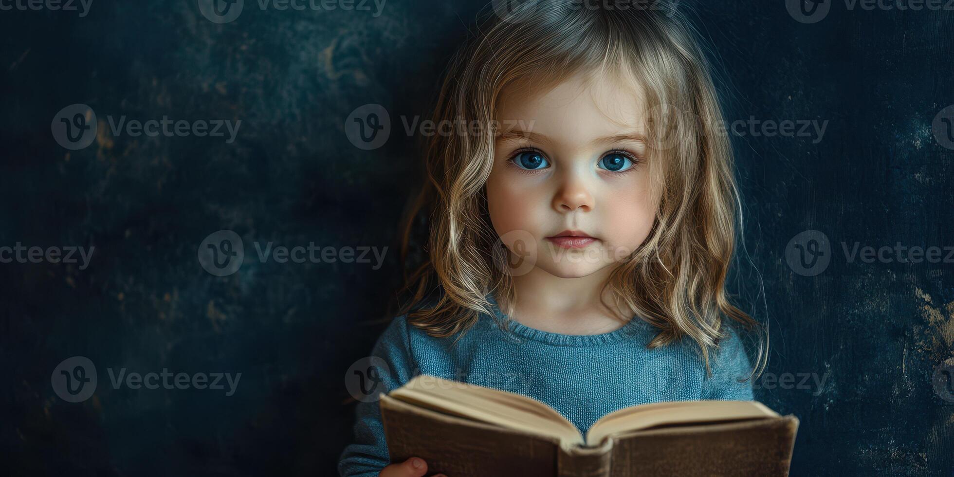 Young child with blue eyes reading a book against a dark textured background in a cozy setting photo