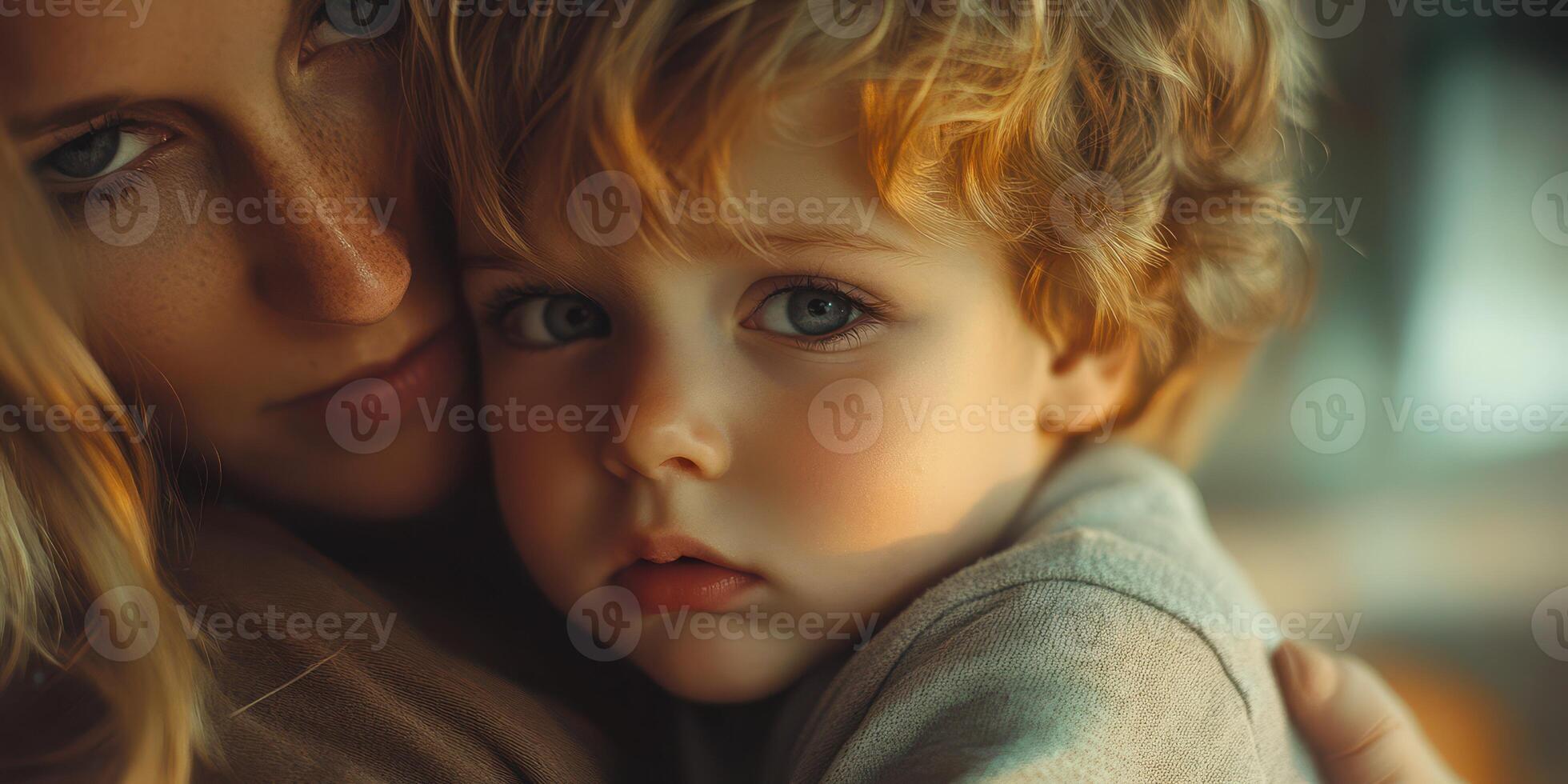 Mother embraces child in a warm moment, showcasing love and connection indoors during afternoon light photo
