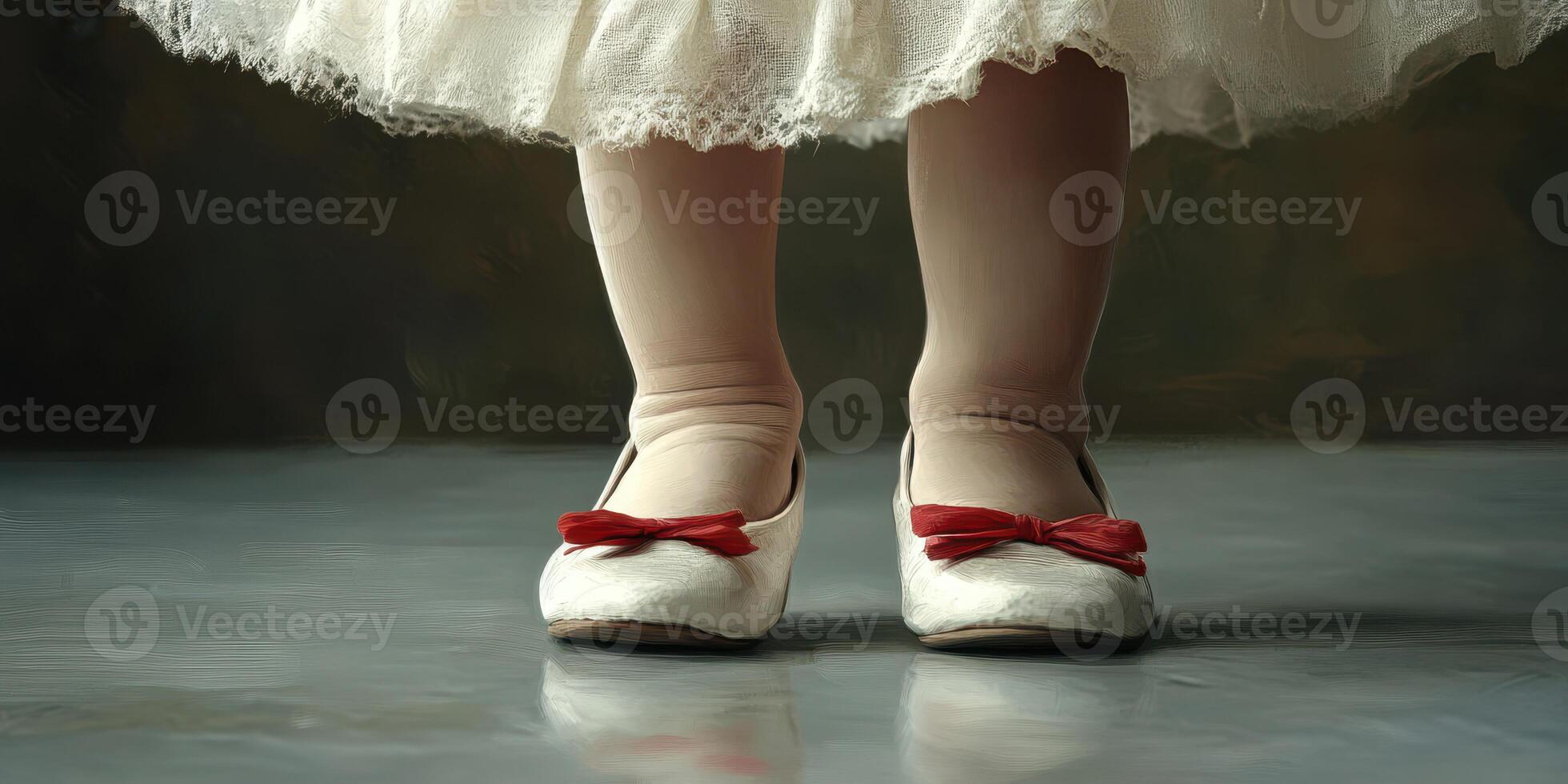 Little girl wears white dress and red shoes with bows standing on smooth surface in indoor setting with muted background photo